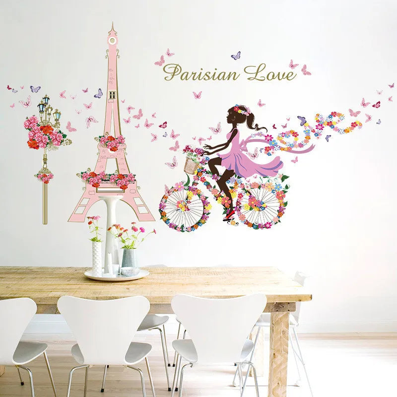 Romantic Paris Wall Sticker For Kids Rooms Eiffel Tower Flower Butterfly Fairy Girl Riding Art Decal Home Decor Mural