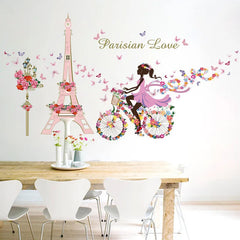 Romantic Paris Wall Sticker For Kids Rooms Eiffel Tower Flower Butterfly Fairy Girl Riding Art Decal Home Decor Mural