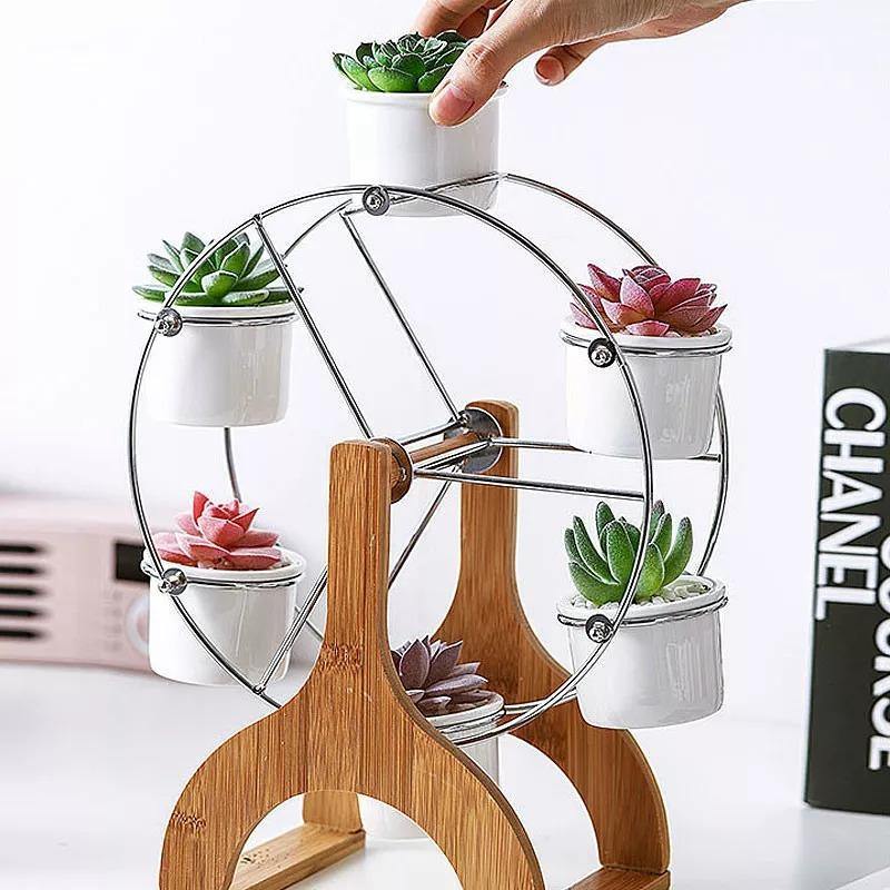 Wooden Ferris Wheel with Ceramic Succulent Planters