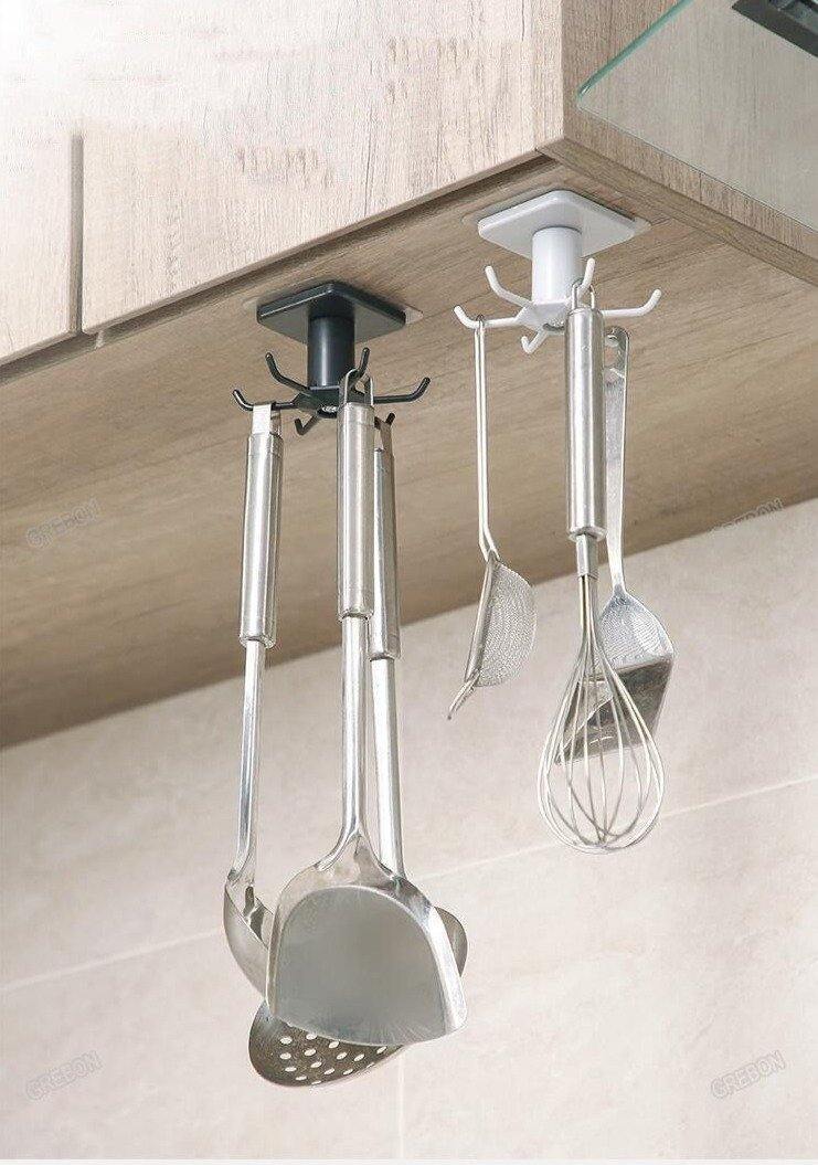 Under-Cabinet Spinning Kitchen Utensil Storage 6-Hook Hanger