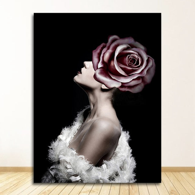 Flowers Feathers Woman Abstract Canvas Poster